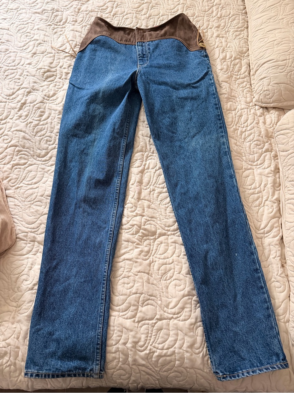 Straight Leg Women's Jeans with Brown Waistband - Picture 2 of 9
